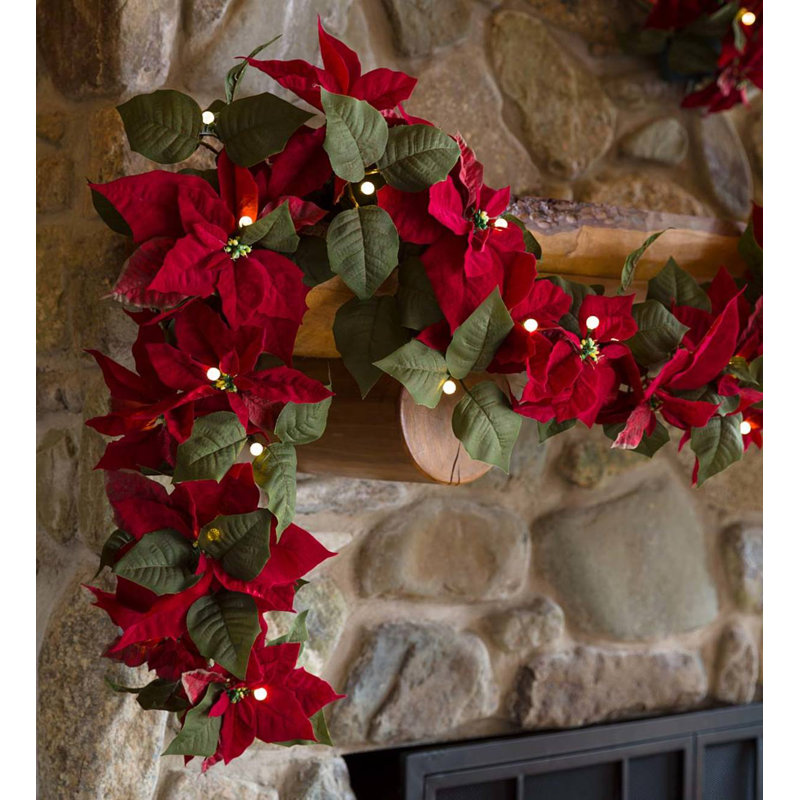 Plow & Hearth 6' Poinsettia Holiday PreLit Garland with 25 Clear